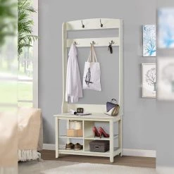 Salisbury 31.5 in. Antique White Hall Tree and Shoe Bench by SAINT BIRCH -Basicwise Online Shop antique white saint birch hall trees sbgm8318htaw 31 1000