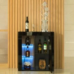 Office or Living Room Black Side Storage Accent Cabinet with LED by Basicwise -Basicwise Online Shop black basicwise accent cabinets qi003951 bk 77 1000