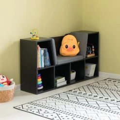 Black Modern Multi-Purpose Bookshelf with Storage Space and Gray Cushioned Reading Nook by Basicwise -Basicwise Online Shop black basicwise bookcases bookshelves qi004152 bk 44 1000