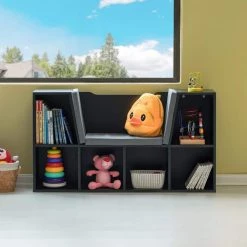 Black Modern Multi-Purpose Bookshelf with Storage Space and Gray Cushioned Reading Nook by Basicwise -Basicwise Online Shop black basicwise bookcases bookshelves qi004152 bk 4f 1000