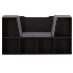 Black Modern Multi-Purpose Bookshelf with Storage Space and Gray Cushioned Reading Nook by Basicwise