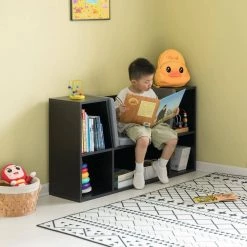 Black Modern Multi-Purpose Bookshelf with Storage Space and Gray Cushioned Reading Nook by Basicwise -Basicwise Online Shop black basicwise bookcases bookshelves qi004152 bk c3 1000