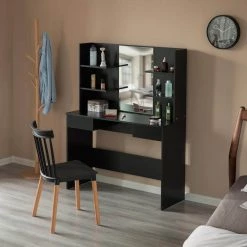 Black Modern Wooden Dressing Table with Drawer Mirror and Shelves for The Dining Room Entryway and Bedroom by Basicwise -Basicwise Online Shop black basicwise makeup vanities qi004241l bk 4f 1000