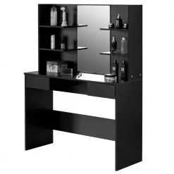 Black Modern Wooden Dressing Table with Drawer Mirror and Shelves for The Dining Room Entryway and Bedroom by Basicwise