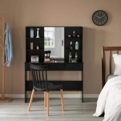 Black Modern Wooden Dressing Table with Drawer Mirror and Shelves for The Dining Room Entryway and Bedroom by Basicwise -Basicwise Online Shop black basicwise makeup vanities qi004241l bk c3 1000