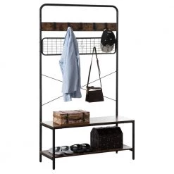 Vintage Brown Coat Rack Hall Tree with Storage for Entryway with 10-Hooks and Storage by Basicwise