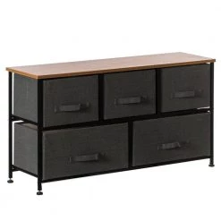 Charcoal Gray 5-Fabric Storage Drawer Unit, Wooden Top Dresser Tower, 2-Sizes Bins by Basicwise