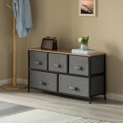 Charcoal Gray 5-Fabric Storage Drawer Unit, Wooden Top Dresser Tower, 2-Sizes Bins by Basicwise -Basicwise Online Shop charcoal gray basicwise accent cabinets qi004114 gy c3 1000
