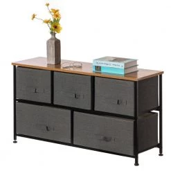 Charcoal Gray 5-Fabric Storage Drawer Unit, Wooden Top Dresser Tower, 2-Sizes Bins by Basicwise -Basicwise Online Shop charcoal gray basicwise accent cabinets qi004114 gy fa 1000 1