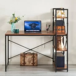 47 in. Cherry Wood and Metal Industrial Home Office Computer Desk with Bookshelves by Basicwise -Basicwise Online Shop cherry basicwise computer desks qi003993 cr c3 1000