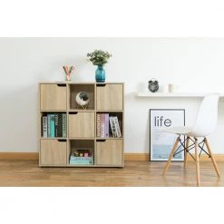 9-Cube Oak Wooden Organizer With 5-Enclosed Doors and 4-Shelves by Basicwise -Basicwise Online Shop oak basicwise bookcases bookshelves qi003677o 1f 1000