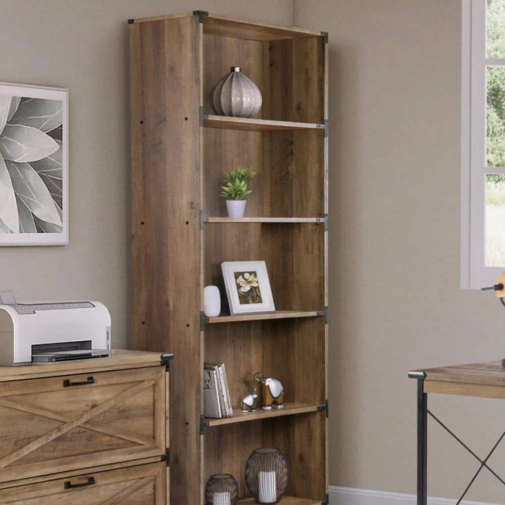 Cambridge 71 in. Rustic Oak 5-Shelf Standard Bookcase by SAINT BIRCH 6 Cambridge 71 in. Rustic Oak 5-Shelf Standard Bookcase by SAINT BIRCH - Image 6