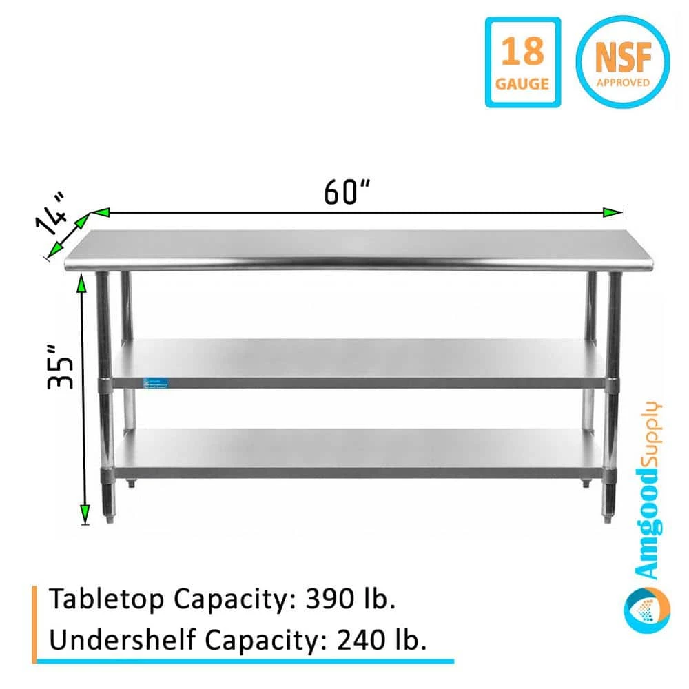 14 in. x 60 in. Stainless Steel Kitchen Utility Table with 2 Adjustable Shelves Metal Prep Table by AMGOOD 4 14 in. x 60 in. Stainless Steel Kitchen Utility Table with 2 Adjustable Shelves Metal Prep Table by AMGOOD - Image 4
