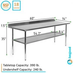 14 in. x 60 in. Stainless Steel Kitchen Utility Table with 1.5" Backsplash and Adjustable Shelf . Metal Prep Table by AMGOOD 9 14 in. x 60 in. Stainless Steel Kitchen Utility Table with 1.5" Backsplash and Adjustable Shelf . Metal Prep Table by AMGOOD -Basicwise Online Shop stainless steel amgood kitchen prep tables amg wt 1460 bs 66 1000