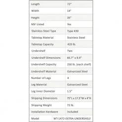 14 in. x 72 in. Stainless Steel Kitchen Utility Table with 2 Adjustable Shelves Metal Prep Table by AMGOOD -Basicwise Online Shop stainless steel amgood kitchen prep tables amg wt 1472 2sh 4f 1000