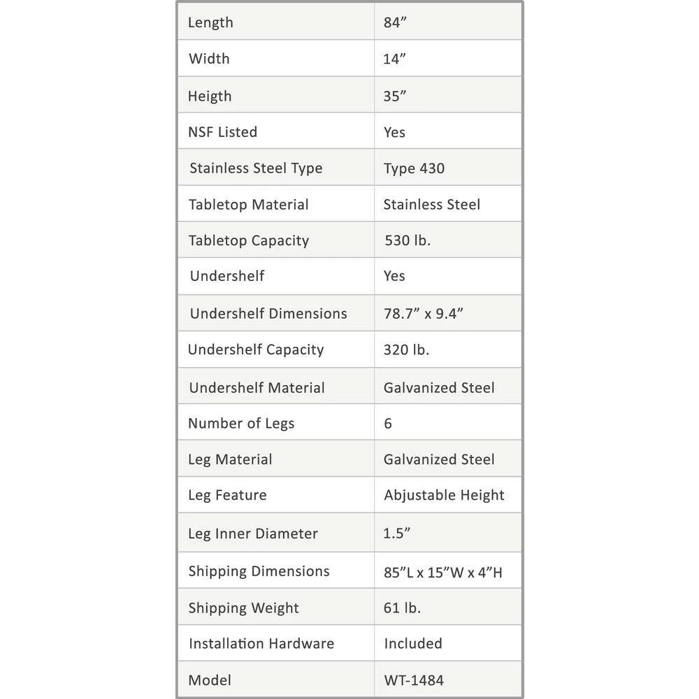 14 in. x 84 in. Stainless Steel Kitchen Utility Table with Adjustable Bottom Shelf by AMGOOD 6 14 in. x 84 in. Stainless Steel Kitchen Utility Table with Adjustable Bottom Shelf by AMGOOD - Image 6