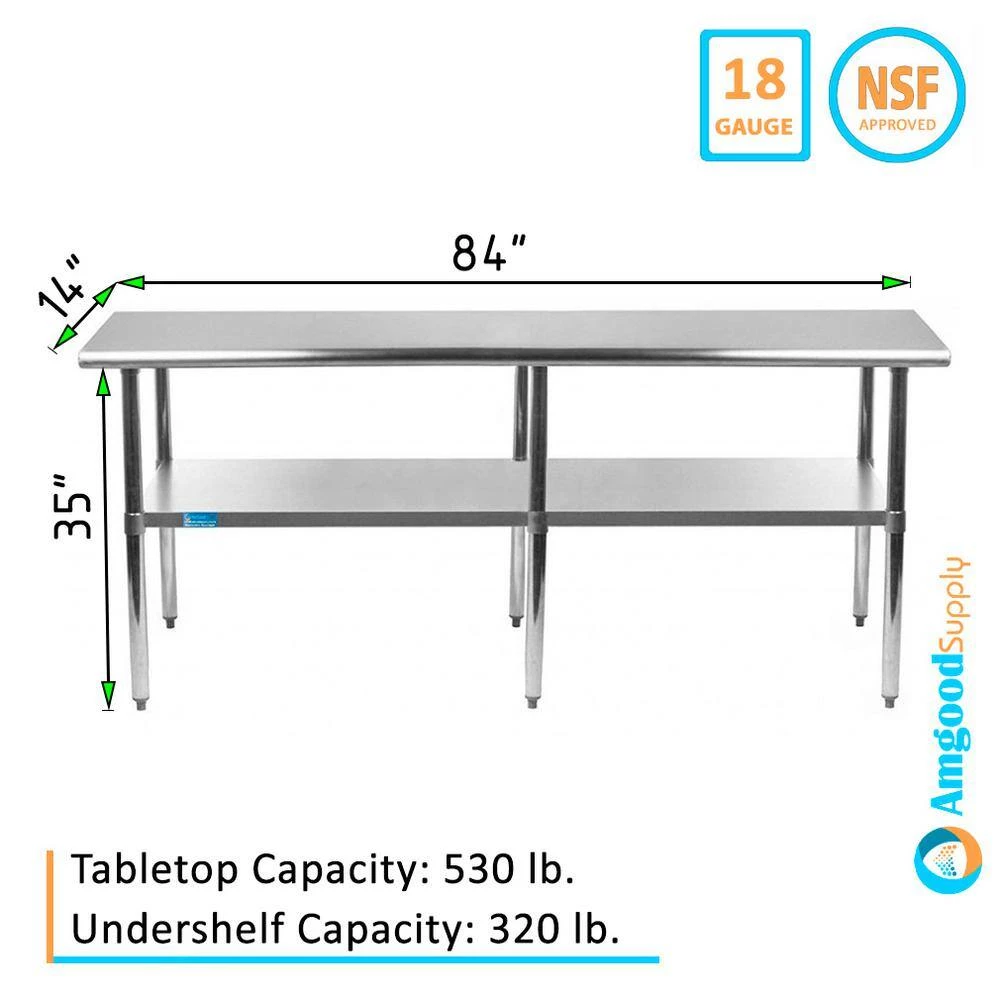 14 in. x 84 in. Stainless Steel Kitchen Utility Table with Adjustable Bottom Shelf by AMGOOD 4 14 in. x 84 in. Stainless Steel Kitchen Utility Table with Adjustable Bottom Shelf by AMGOOD - Image 4