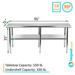 14 in. x 96 in. Stainless Steel Kitchen Utility Table with Adjustable Bottom Shelf by AMGOOD -Basicwise Online Shop stainless steel amgood kitchen prep tables amg wt 1496 c3 1000