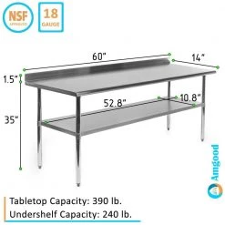18 in. x 60 in. Stainless Steel Kitchen Utility Table with 1.5" Backsplash and Adjustable Shelf . Metal Prep Table by AMGOOD -Basicwise Online Shop stainless steel amgood kitchen prep tables amg wt 1860 bs 66 1000