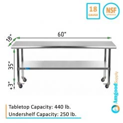 18 in. x 60 in. Stainless Steel Work Table with Casters : Mobile Metal Kitchen Utility Table with Bottom Shelf by AMGOOD -Basicwise Online Shop stainless steel amgood kitchen prep tables amg wt 1860 wheels c3 1000