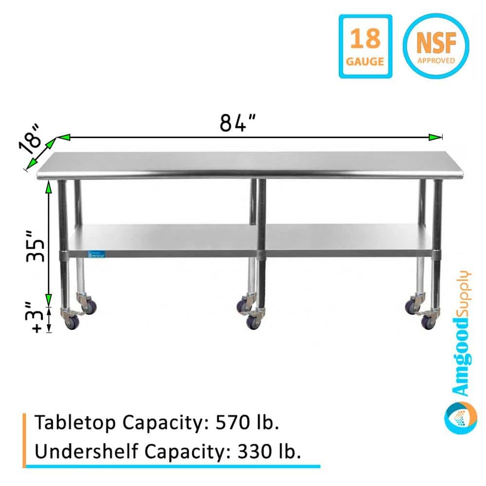 18 in. x 84 in. Stainless Steel Work Table with Casters : Mobile Metal Kitchen Utility Table with Bottom Shelf by AMGOOD 4 18 in. x 84 in. Stainless Steel Work Table with Casters : Mobile Metal Kitchen Utility Table with Bottom Shelf by AMGOOD - Image 4