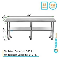 18 in. x 96 in. Stainless Steel Work Table with Casters : Mobile Metal Kitchen Utility Table with Bottom Shelf by AMGOOD 10 18 in. x 96 in. Stainless Steel Work Table with Casters : Mobile Metal Kitchen Utility Table with Bottom Shelf by AMGOOD -Basicwise Online Shop stainless steel amgood kitchen prep tables amg wt 1896 wheels 66 1000