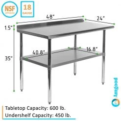 24 in. x 48 in. Stainless Steel Kitchen Utility Table with 1.5" Backsplash and Adjustable Shelf . Metal Prep Table by AMGOOD -Basicwise Online Shop stainless steel amgood kitchen prep tables amg wt 2448 bs 66 1000