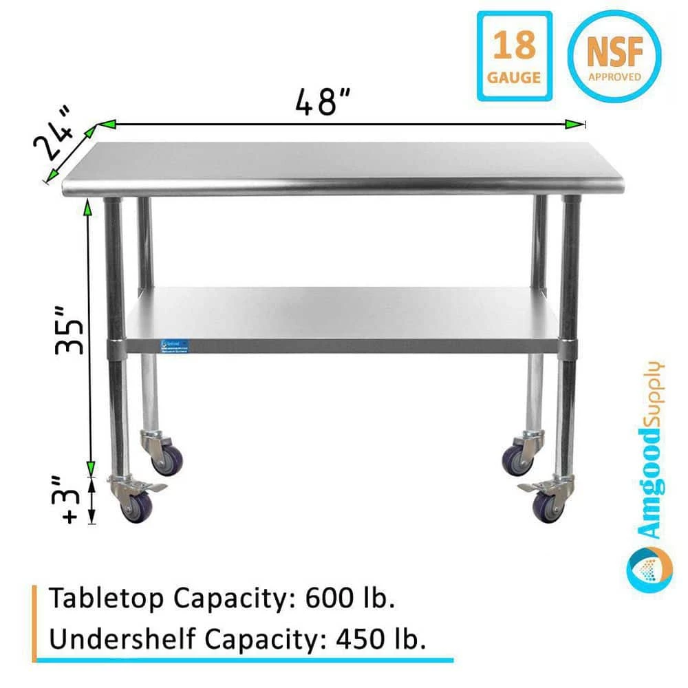 24 in. x 48 in. Stainless Steel Work Table with Casters : Mobile Metal Kitchen Utility Table with Bottom Shelf by AMGOOD 5 24 in. x 48 in. Stainless Steel Work Table with Casters : Mobile Metal Kitchen Utility Table with Bottom Shelf by AMGOOD - Image 5