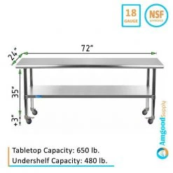 24 in. x 72 in. Stainless Steel Work Table with Casters : Mobile Metal Kitchen Utility Table with Bottom Shelf by AMGOOD 10 24 in. x 72 in. Stainless Steel Work Table with Casters : Mobile Metal Kitchen Utility Table with Bottom Shelf by AMGOOD -Basicwise Online Shop stainless steel amgood kitchen prep tables amg wt 2472 wheels 66 1000