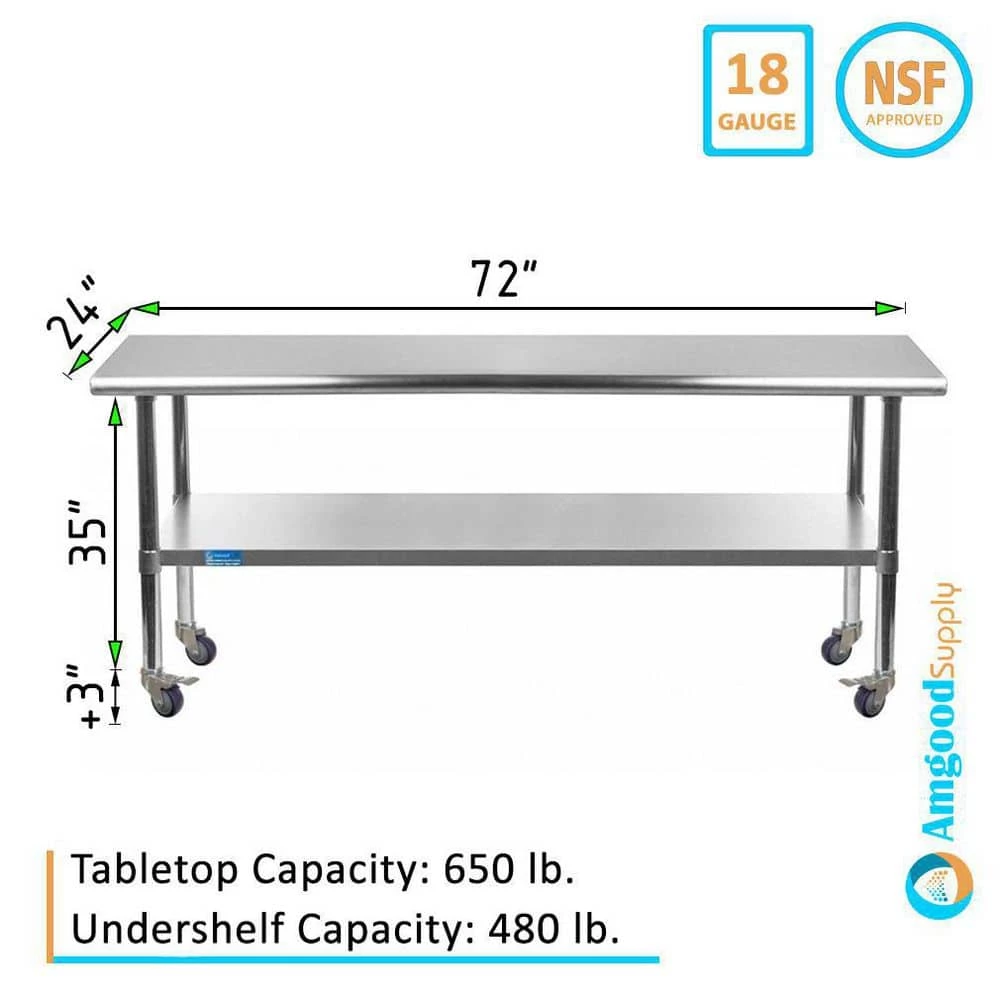 24 in. x 72 in. Stainless Steel Work Table with Casters : Mobile Metal Kitchen Utility Table with Bottom Shelf by AMGOOD 5 24 in. x 72 in. Stainless Steel Work Table with Casters : Mobile Metal Kitchen Utility Table with Bottom Shelf by AMGOOD - Image 5