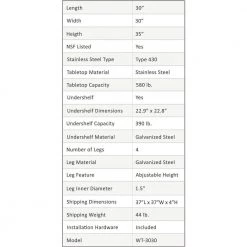 30 in. x 30 in. Stainless Steel Kitchen Utility Table with Adjustable Bottom Shelf by AMGOOD -Basicwise Online Shop stainless steel amgood kitchen prep tables amg wt 3030 1f 1000