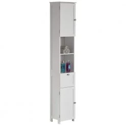 White Tall Standing Bathroom Linen Tower Storage Cabinet for Bathroom and Vanity by Basicwise