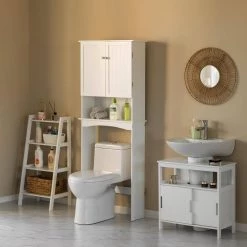 White Over the Toilet Standing Cabinet Organizer for Bathroom with Open Shelf and drawer by Basicwise -Basicwise Online Shop white basicwise accent cabinets qi004022 wt 1f 1000