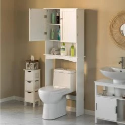 White Over the Toilet Standing Cabinet Organizer for Bathroom with Open Shelf and drawer by Basicwise -Basicwise Online Shop white basicwise accent cabinets qi004022 wt 4f 1000