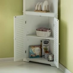 White Standing Storage Corner Cabinet Organizer with 3-Open Shelf and Double Shutter Doors by Basicwise 15 White Standing Storage Corner Cabinet Organizer with 3-Open Shelf and Double Shutter Doors by Basicwise -Basicwise Online Shop white basicwise accent cabinets qi004023 wt 31 1000