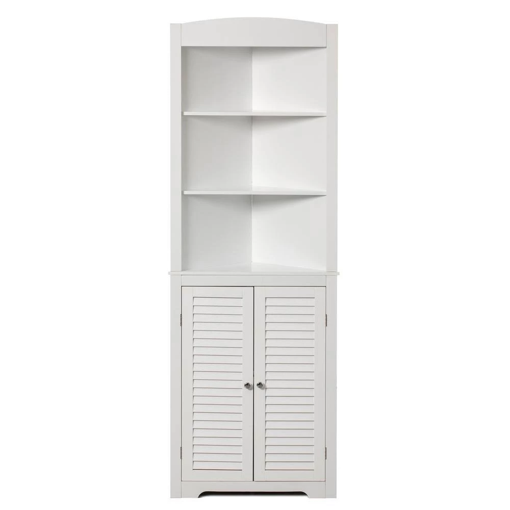 White Standing Storage Corner Cabinet Organizer with 3-Open Shelf and Double Shutter Doors by Basicwise 6 White Standing Storage Corner Cabinet Organizer with 3-Open Shelf and Double Shutter Doors by Basicwise - Image 6