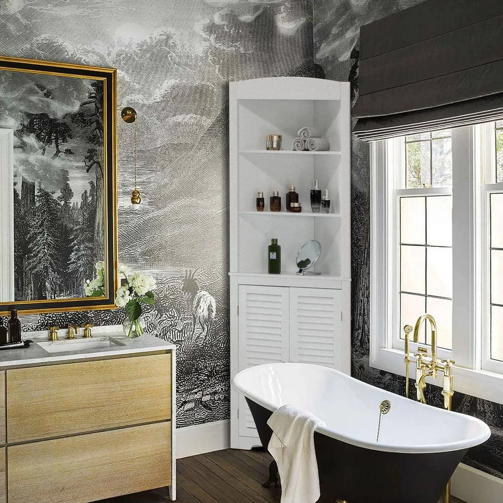 White Standing Storage Corner Cabinet Organizer with 3-Open Shelf and Double Shutter Doors by Basicwise 5 White Standing Storage Corner Cabinet Organizer with 3-Open Shelf and Double Shutter Doors by Basicwise - Image 5