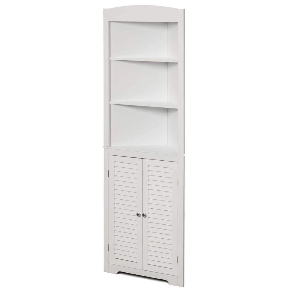 White Standing Storage Corner Cabinet Organizer with 3-Open Shelf and Double Shutter Doors by Basicwise 1 White Standing Storage Corner Cabinet Organizer with 3-Open Shelf and Double Shutter Doors by Basicwise