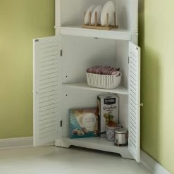 White Standing Storage Corner Cabinet Organizer with 3-Open Shelf and Double Shutter Doors by Basicwise 10 White Standing Storage Corner Cabinet Organizer with 3-Open Shelf and Double Shutter Doors by Basicwise -Basicwise Online Shop white basicwise accent cabinets qi004023 wt 77 1000