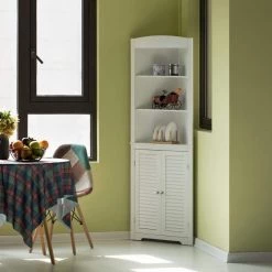 White Standing Storage Corner Cabinet Organizer with 3-Open Shelf and Double Shutter Doors by Basicwise 11 White Standing Storage Corner Cabinet Organizer with 3-Open Shelf and Double Shutter Doors by Basicwise -Basicwise Online Shop white basicwise accent cabinets qi004023 wt c3 1000