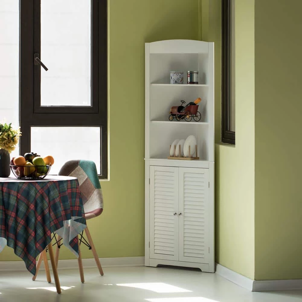 White Standing Storage Corner Cabinet Organizer with 3-Open Shelf and Double Shutter Doors by Basicwise 4 White Standing Storage Corner Cabinet Organizer with 3-Open Shelf and Double Shutter Doors by Basicwise - Image 4