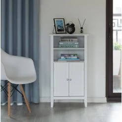 White Bathroom Storage Cabinet with 2-Doors and 2-Open Shelves for Bedroom, Bathroom, and Vanity by Basicwise -Basicwise Online Shop white basicwise accent cabinets qi004025 wt 77 1000