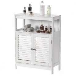 Wooden White Modern Storage Bathroom Vanity Cabinet with Adjustable Shelves and Two Horizontal Planks Design Doors by Basicwise -Basicwise Online Shop white basicwise accent cabinets qi004027wt 44 1000
