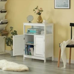 Wooden White Modern Storage Bathroom Vanity Cabinet with Adjustable Shelves and Two Horizontal Planks Design Doors by Basicwise -Basicwise Online Shop white basicwise accent cabinets qi004027wt c3 1000