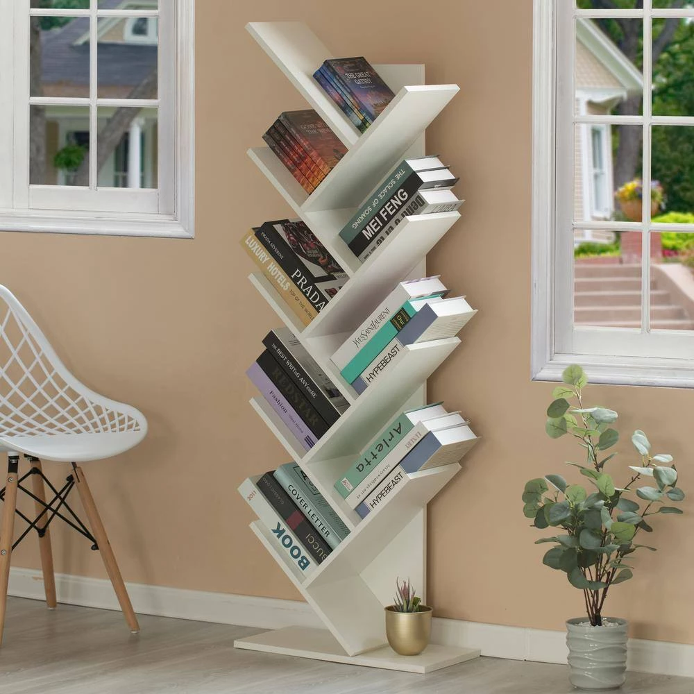 55.5 in. White Wood 9-Shelf Etagere Bookcase with Storage by Basicwise 2 55.5 in. White Wood 9-Shelf Etagere Bookcase with Storage by Basicwise - Image 2