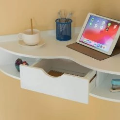 White Corner Desk 33 in. W Heart-Shaped Wall Mounted Office Table with Drawer and 2-Shelves Computer Writing Desk by Basicwise -Basicwise Online Shop white basicwise computer desks qi004024 wt 1f 1000