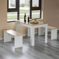 43 in. Rectangle White Wooden Dining Table with 2-Benches, Three-Piece Set, Writing Desk by Basicwise -Basicwise Online Shop white basicwise computer desks qi004267l wt 31 1000