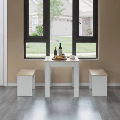 43 in. Rectangle White Wooden Dining Table with 2-Benches, Three-Piece Set, Writing Desk by Basicwise -Basicwise Online Shop white basicwise computer desks qi004267l wt 4f 1000
