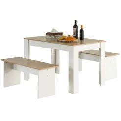 43 in. Rectangle White Wooden Dining Table with 2-Benches, Three-Piece Set, Writing Desk by Basicwise
