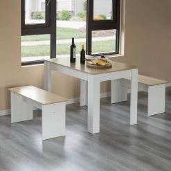43 in. Rectangle White Wooden Dining Table with 2-Benches, Three-Piece Set, Writing Desk by Basicwise -Basicwise Online Shop white basicwise computer desks qi004267l wt c3 1000